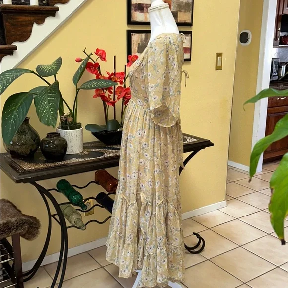 Storia Clarity Tiered Ruffle Floral Cottage Core Washed Yellow Maxi Dress Med - Picture 9 of 16
